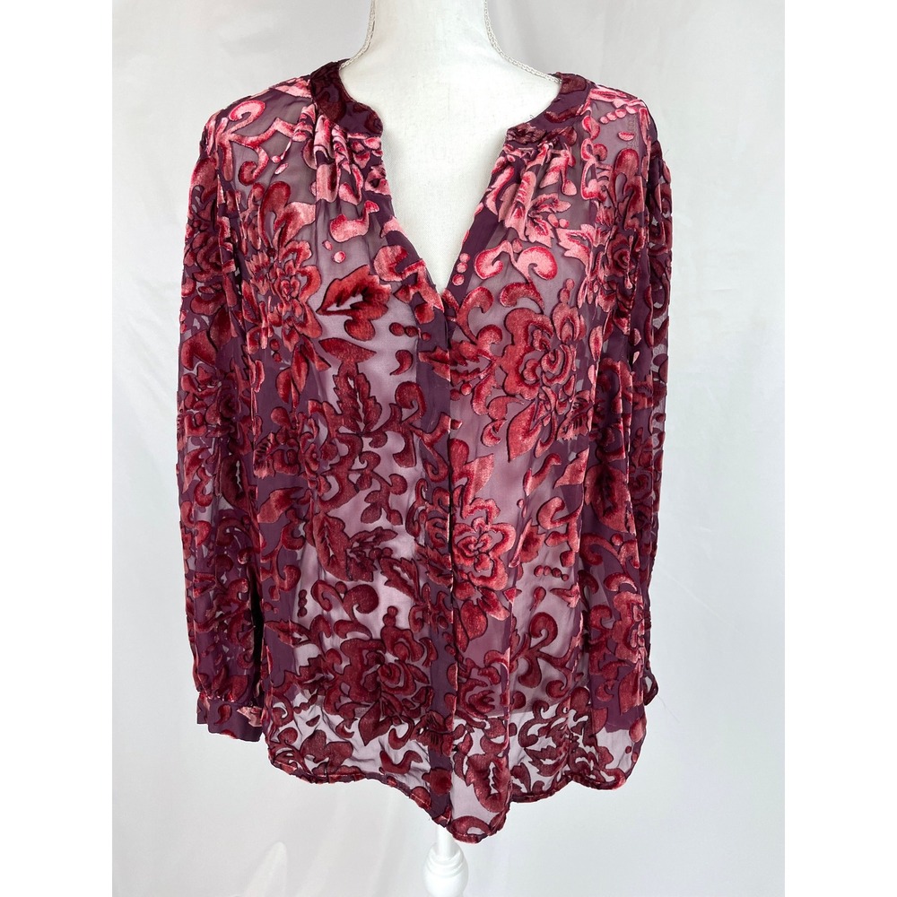Chico's Women 4/US 20 Velvet Blouson Sleeve Blouse Burgundy Burnout Top